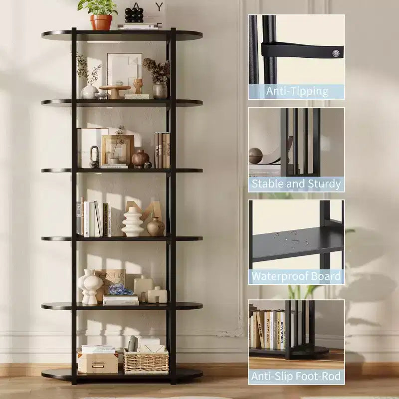 Bibliothèque à 6 niveaux, Organisateur de rangement de bibliothèque pour bureau à domicile, Unité d'étagères de rangement autoportante pour chambre à coucher, salon et bureau à domicile