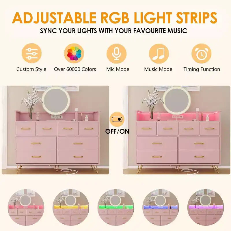 Commode DobleePy rose à 8 tiroirs avec station de charge, lumières LED RGB, grande commode basse pour chambre à coucher, coiffeuse ou configuration de jeu