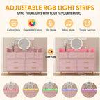 Commode DobleePy rose à 8 tiroirs avec station de charge, lumières LED RGB, grande commode basse pour chambre à coucher, coiffeuse ou configuration de jeu