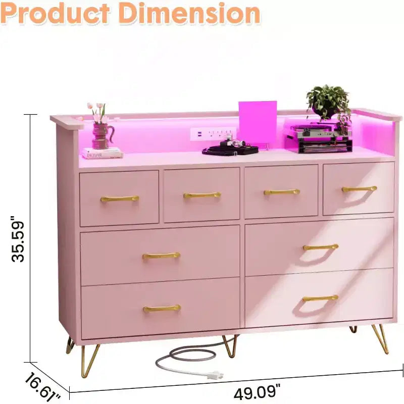 Commode DobleePy rose à 8 tiroirs avec station de charge, lumières LED RGB, grande commode basse pour chambre à coucher, coiffeuse ou configuration de jeu