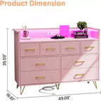 Commode DobleePy rose à 8 tiroirs avec station de charge, lumières LED RGB, grande commode basse pour chambre à coucher, coiffeuse ou configuration de jeu