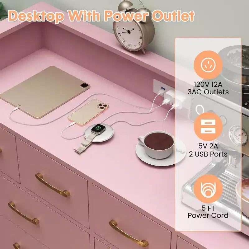 Commode DobleePy rose à 8 tiroirs avec station de charge, lumières LED RGB, grande commode basse pour chambre à coucher, coiffeuse ou configuration de jeu