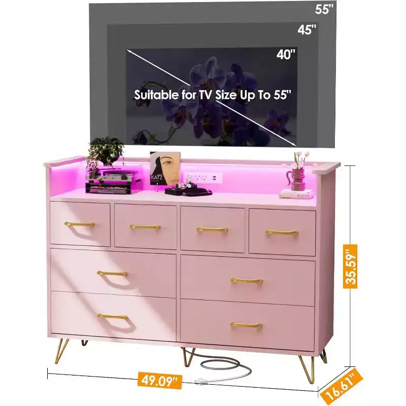Commode DobleePy rose à 8 tiroirs avec station de charge, lumières LED RGB, grande commode basse pour chambre à coucher, coiffeuse ou configuration de jeu