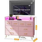 Commode DobleePy rose à 8 tiroirs avec station de charge, lumières LED RGB, grande commode basse pour chambre à coucher, coiffeuse ou configuration de jeu