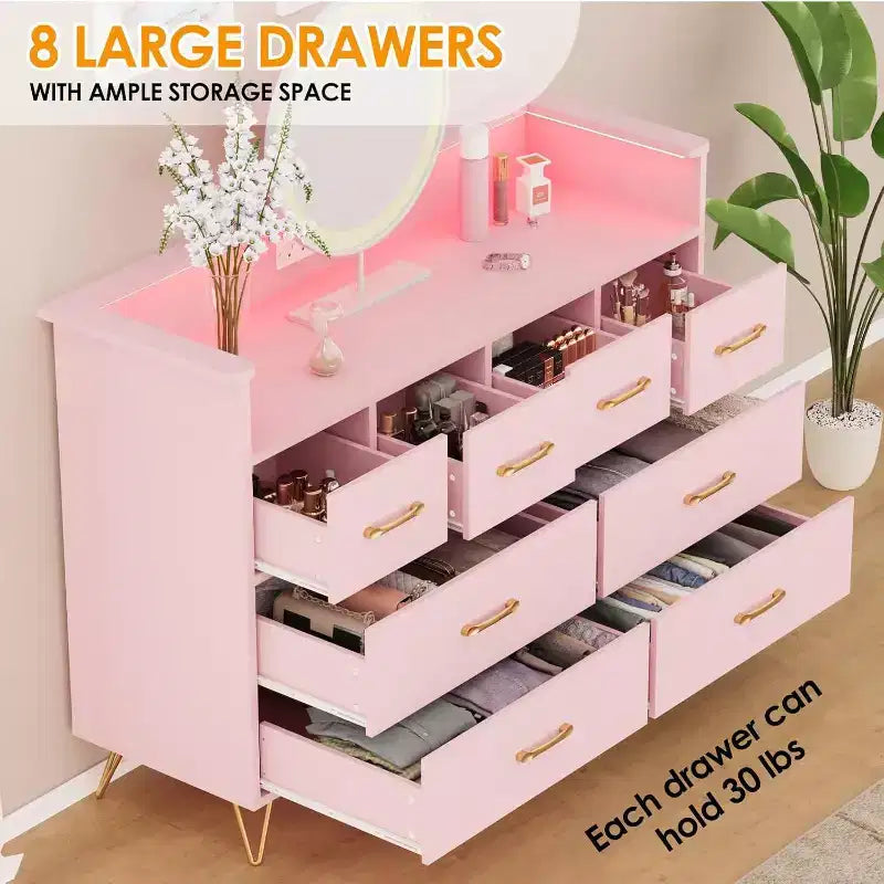 Commode DobleePy rose à 8 tiroirs avec station de charge, lumières LED RGB, grande commode basse pour chambre à coucher, coiffeuse ou configuration de jeu