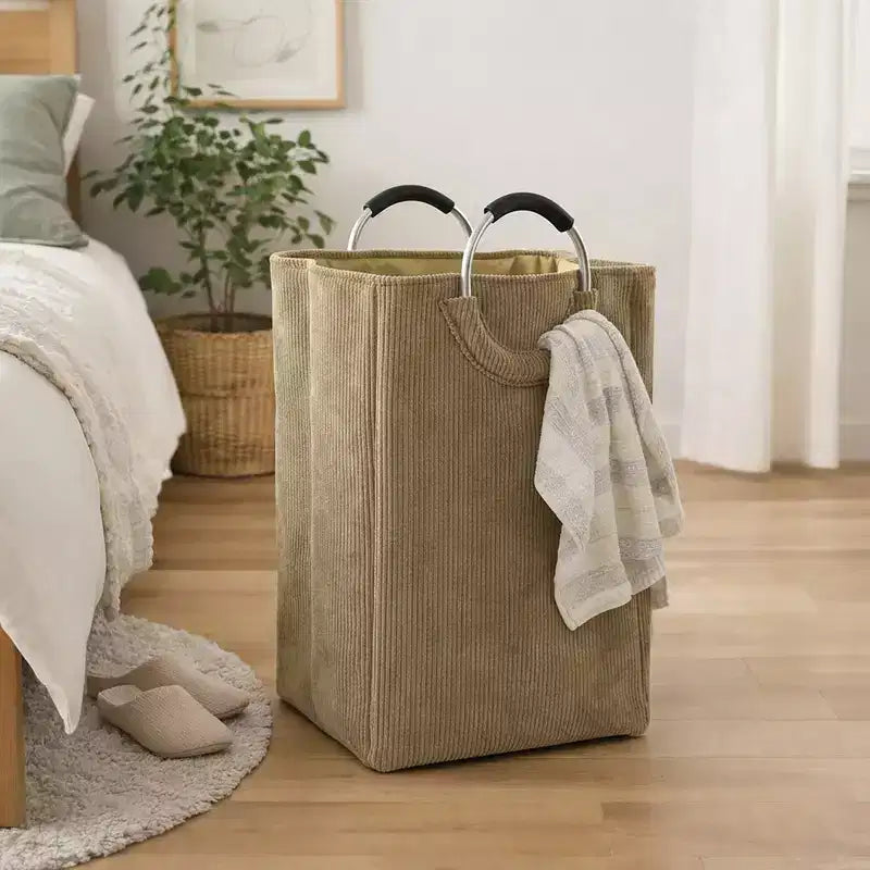 Panier à linge en velours côtelé 55L Sable Beige Evideco Articles pour la maison