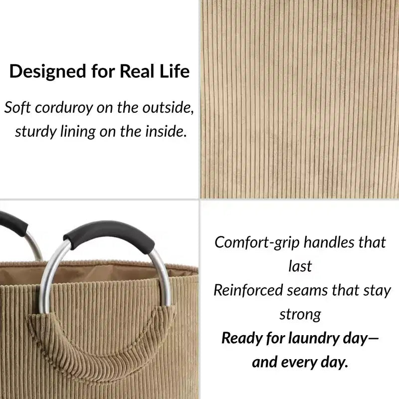 Panier à linge en velours côtelé 55L Sable Beige Evideco Articles pour la maison