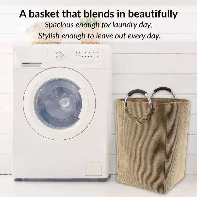 Panier à linge en velours côtelé 55L Sable Beige Evideco Articles pour la maison