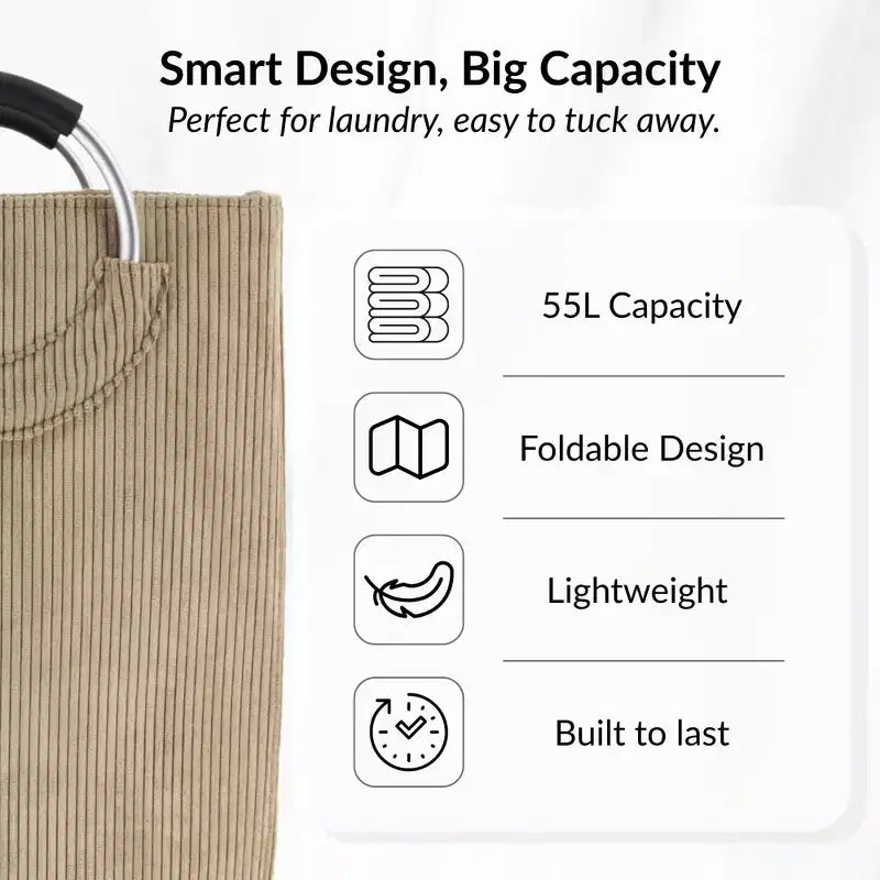 Panier à linge en velours côtelé 55L Sable Beige Evideco Articles pour la maison