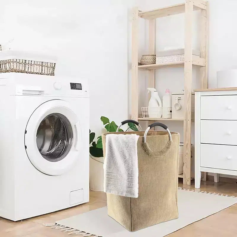 Panier à linge en velours côtelé 55L Sable Beige Evideco Articles pour la maison