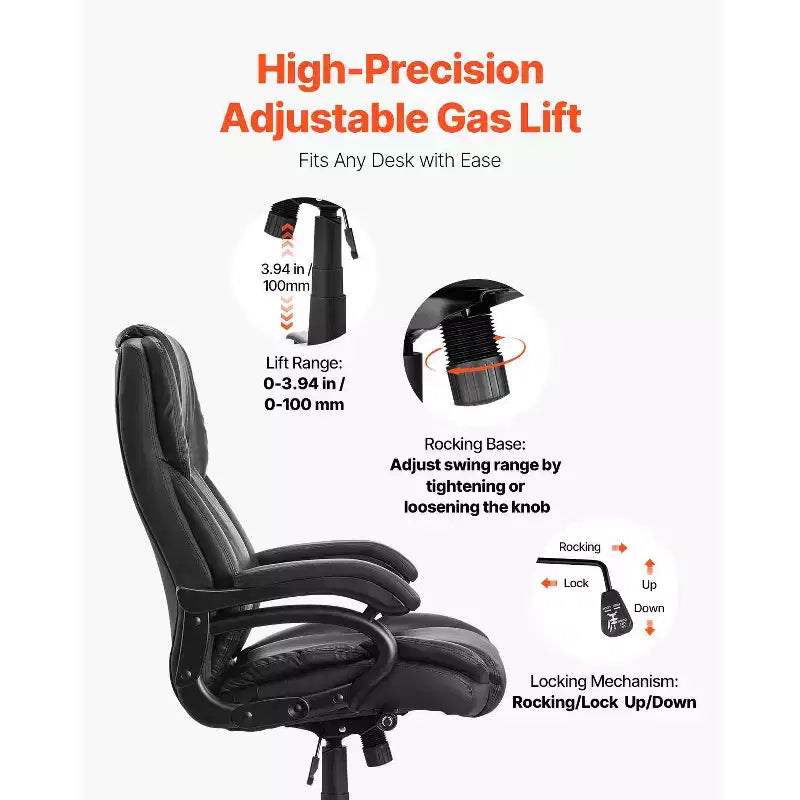 Chaise de Bureau de Direction VEVOR avec Support Lombaire à Bouton, Chaise de Bureau 227 kg, Chaises de Bureau Inclinables en Cuir PU Réglables en Hauteur, Noir
