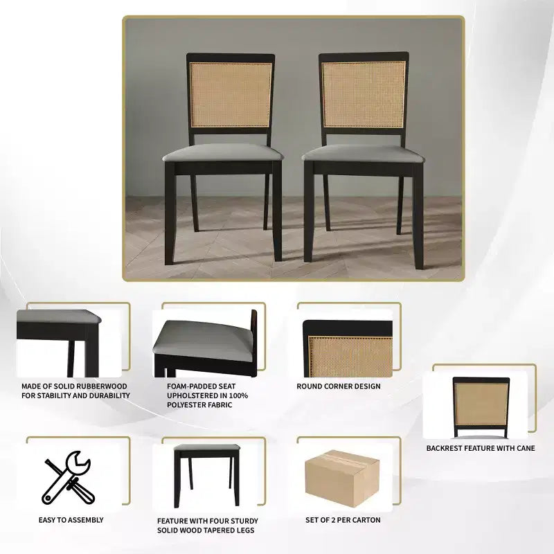 ChaletPosh Lot de 2 chaises de salle à manger en bois noir avec cannage et housse gris clair