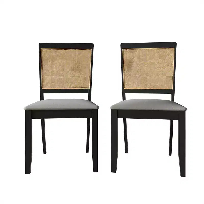 ChaletPosh Lot de 2 chaises de salle à manger en bois noir avec cannage et housse gris clair
