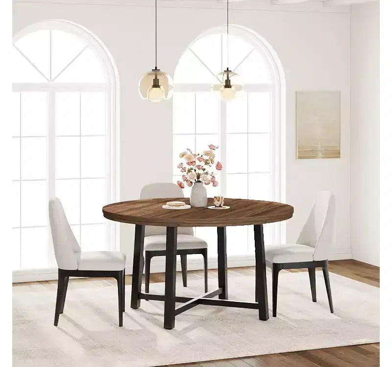 Table à manger ronde de 47'', Table de cuisine ronde industrielle pour 4 à 6 personnes, Meubles de cuisine en bois avec pieds en métal robustes pour petite salle à manger