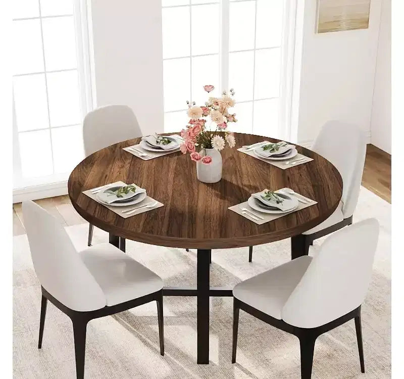 Table à manger ronde de 47'', Table de cuisine ronde industrielle pour 4 à 6 personnes, Meubles de cuisine en bois avec pieds en métal robustes pour petite salle à manger