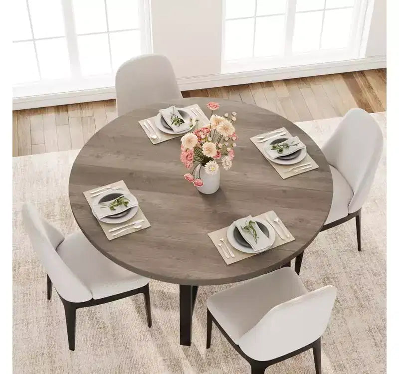 Table à manger ronde de 47'', Table de cuisine ronde industrielle pour 4 à 6 personnes, Meubles de cuisine en bois avec pieds en métal robustes pour petite salle à manger