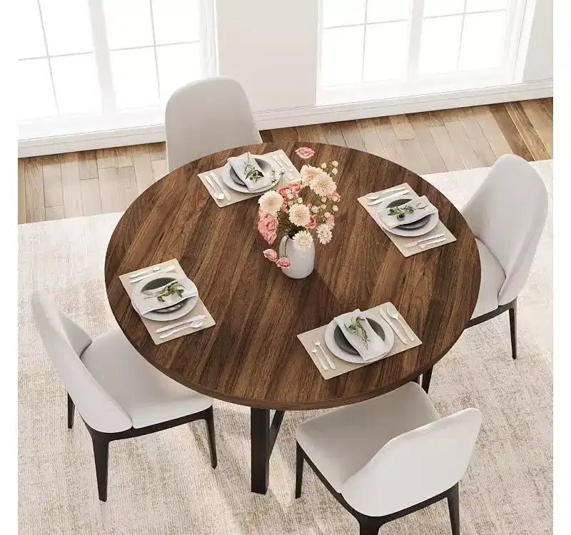 Table à manger ronde de 47'', Table de cuisine ronde industrielle pour 4 à 6 personnes, Meubles de cuisine en bois avec pieds en métal robustes pour petite salle à manger
