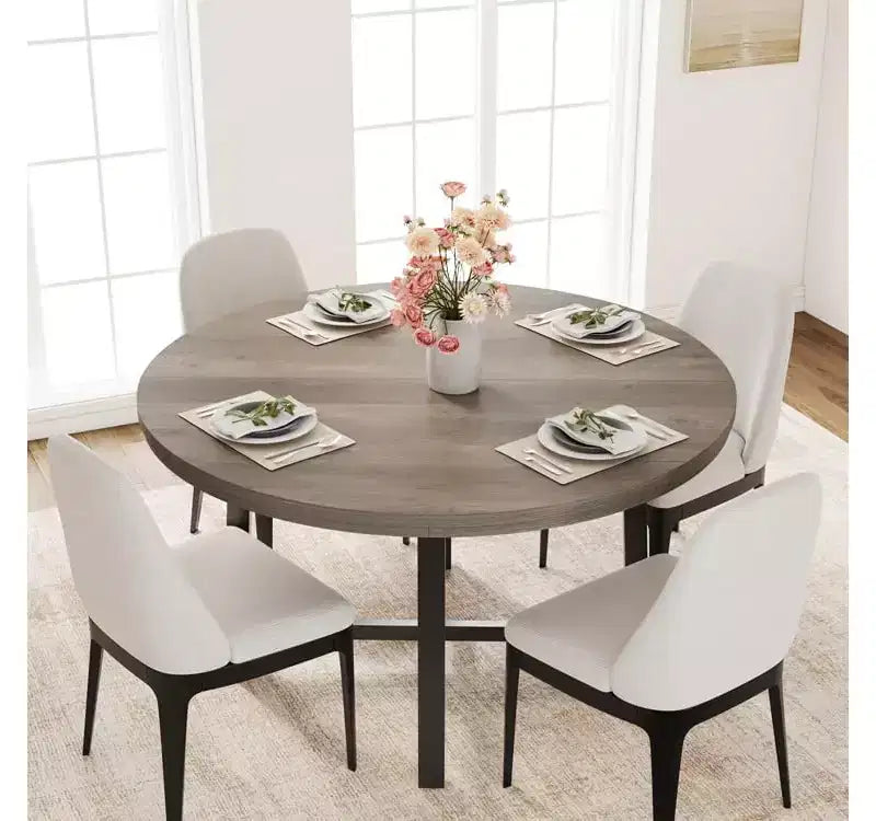 Table à manger ronde de 47'', Table de cuisine ronde industrielle pour 4 à 6 personnes, Meubles de cuisine en bois avec pieds en métal robustes pour petite salle à manger