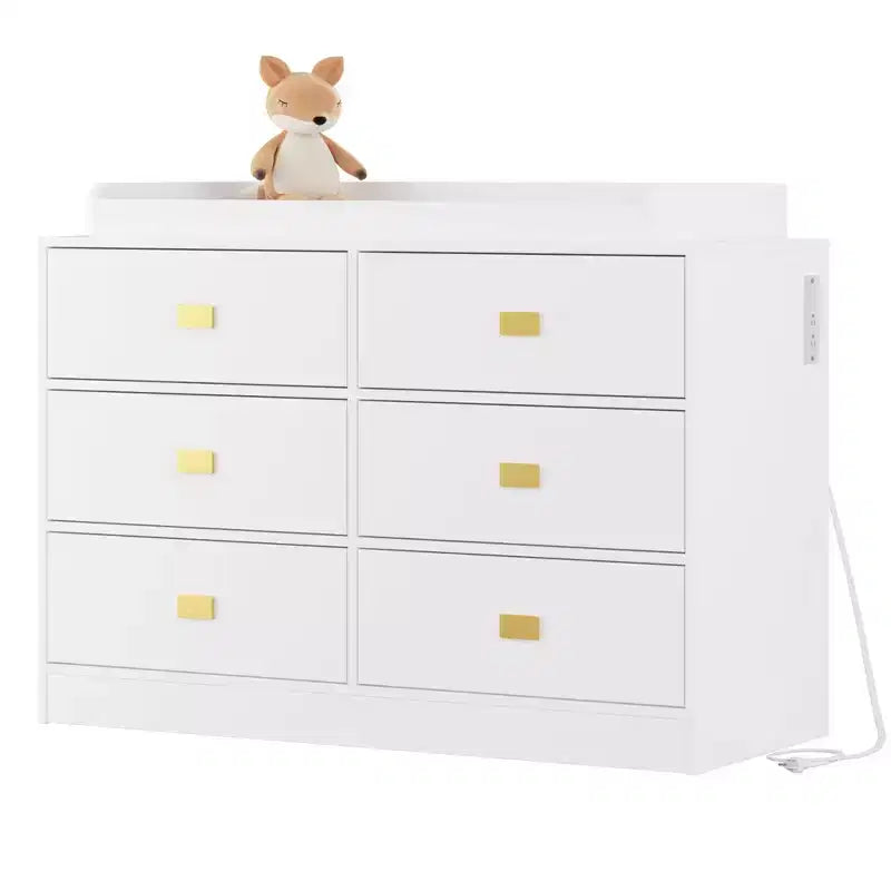 Commode de chambre d'enfant TROPOW avec plateau à langer, commode bébé 6 tiroirs avec kit anti-basculement, plateau étanche et barrières de sécurité, organisateur de rangement en MDF non toxique