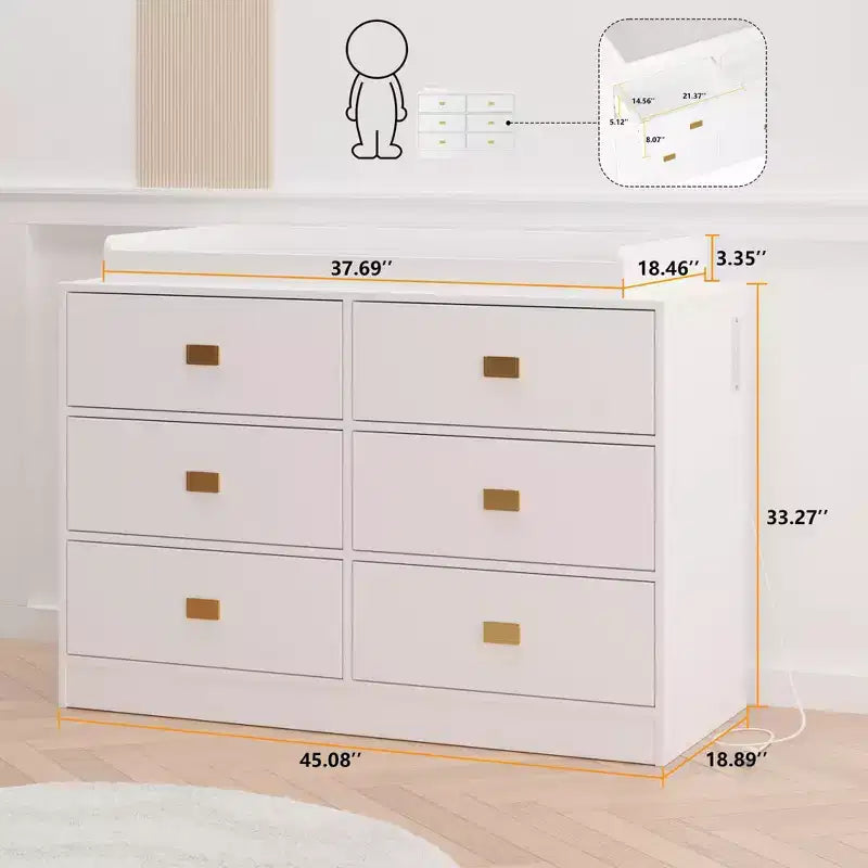 Commode de chambre d'enfant TROPOW avec plateau à langer, commode bébé 6 tiroirs avec kit anti-basculement, plateau étanche et barrières de sécurité, organisateur de rangement en MDF non toxique