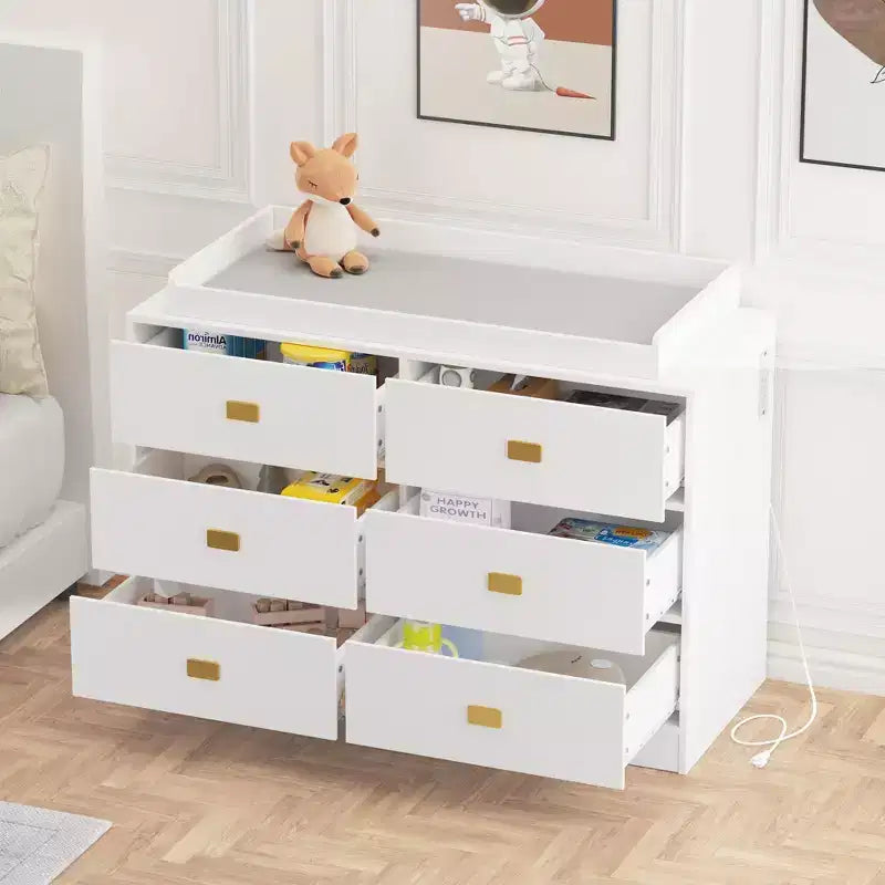Commode de chambre d'enfant TROPOW avec plateau à langer, commode bébé 6 tiroirs avec kit anti-basculement, plateau étanche et barrières de sécurité, organisateur de rangement en MDF non toxique