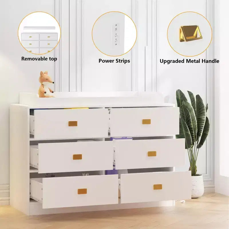 Commode de chambre d'enfant TROPOW avec plateau à langer, commode bébé 6 tiroirs avec kit anti-basculement, plateau étanche et barrières de sécurité, organisateur de rangement en MDF non toxique