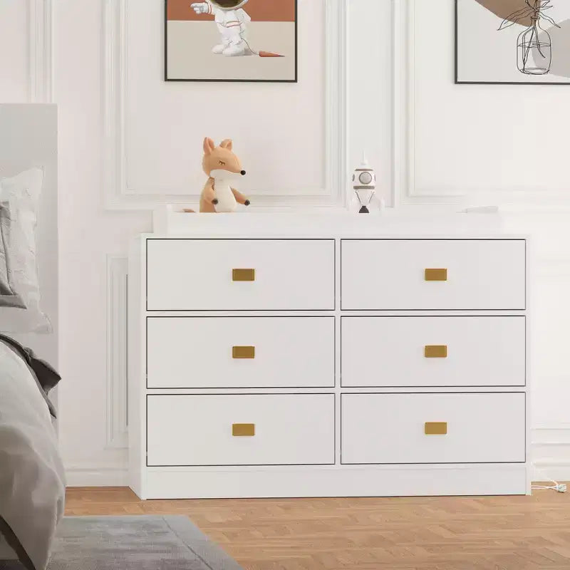 Commode de chambre d'enfant TROPOW avec plateau à langer, commode bébé 6 tiroirs avec kit anti-basculement, plateau étanche et barrières de sécurité, organisateur de rangement en MDF non toxique