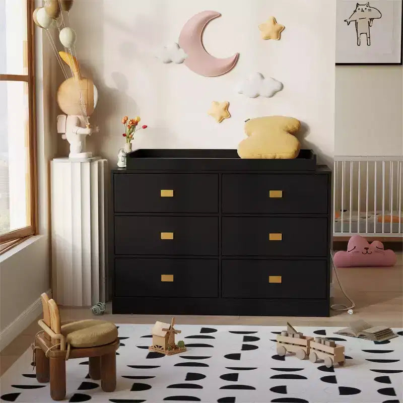 Commode de chambre d'enfant TROPOW avec plateau à langer, commode bébé 6 tiroirs avec kit anti-basculement, plateau étanche et barrières de sécurité, organisateur de rangement en MDF non toxique