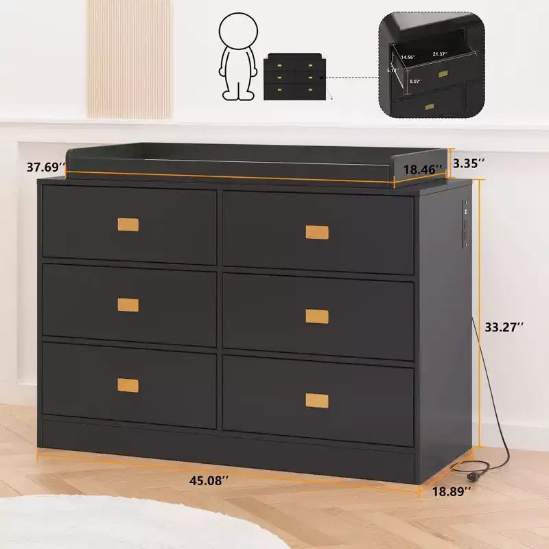 Commode de chambre d'enfant TROPOW avec plateau à langer, commode bébé 6 tiroirs avec kit anti-basculement, plateau étanche et barrières de sécurité, organisateur de rangement en MDF non toxique
