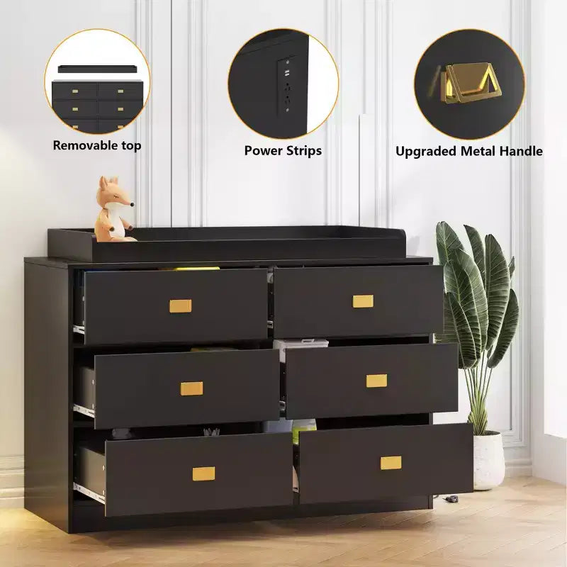 Commode de chambre d'enfant TROPOW avec plateau à langer, commode bébé 6 tiroirs avec kit anti-basculement, plateau étanche et barrières de sécurité, organisateur de rangement en MDF non toxique