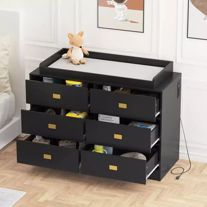 Commode de chambre d'enfant TROPOW avec plateau à langer, commode bébé 6 tiroirs avec kit anti-basculement, plateau étanche et barrières de sécurité, organisateur de rangement en MDF non toxique