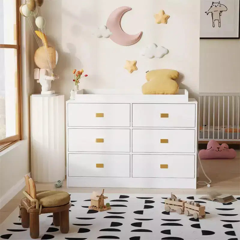 Commode de chambre d'enfant TROPOW avec plateau à langer, commode bébé 6 tiroirs avec kit anti-basculement, plateau étanche et barrières de sécurité, organisateur de rangement en MDF non toxique