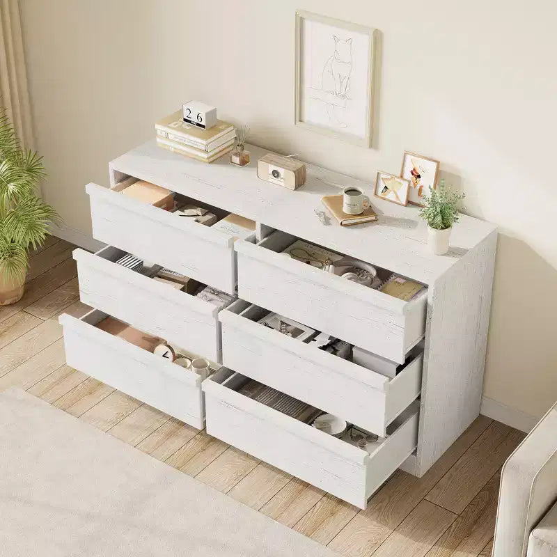 Commode à 6 tiroirs CuisinSmart pour chambre à coucher, double commode naturelle avec poignées concaves, commode moderne, blanche