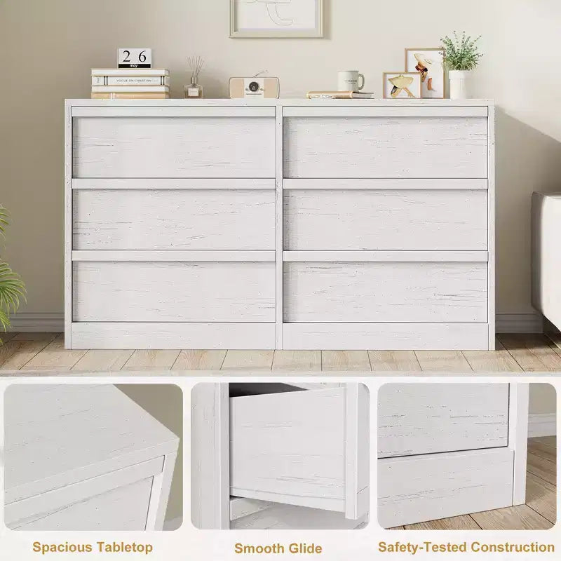 Commode à 6 tiroirs CuisinSmart pour chambre à coucher, double commode naturelle avec poignées concaves, commode moderne, blanche