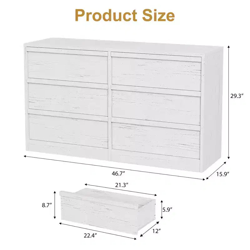Commode à 6 tiroirs CuisinSmart pour chambre à coucher, double commode naturelle avec poignées concaves, commode moderne, blanche