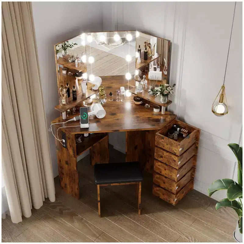 Coiffeuse d'angle avec miroir et lumières, coiffeuse de maquillage à 3 couleurs d'éclairage avec prise de courant, 5 tiroirs rotatifs, tabouret et étagères ouvertes