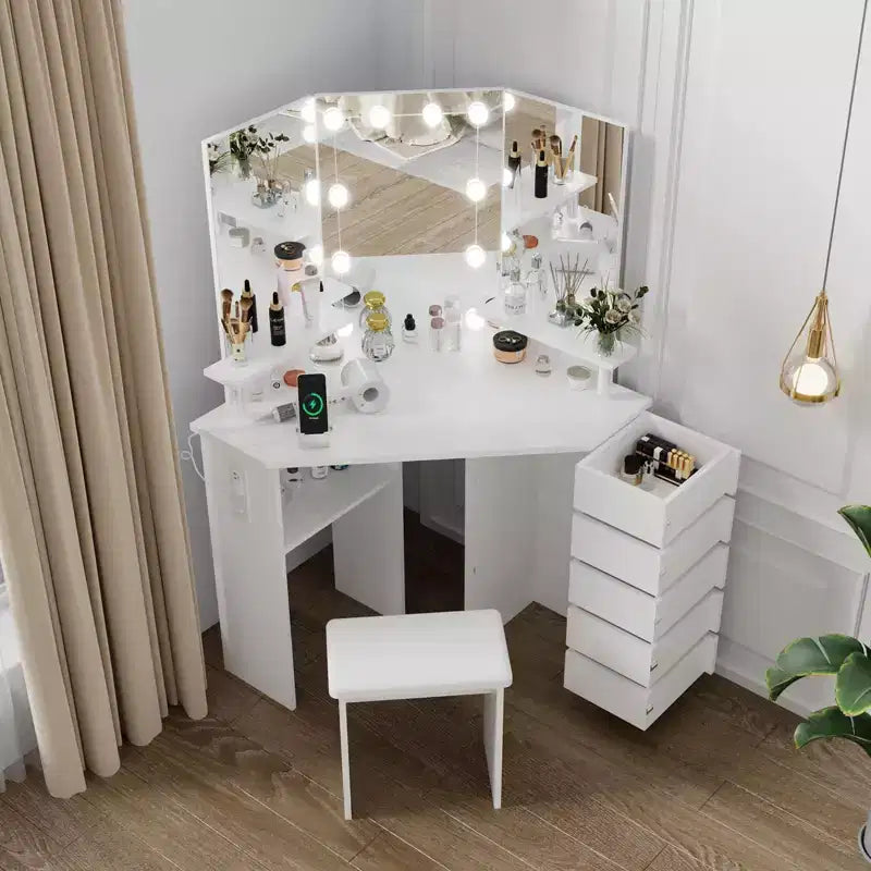 Coiffeuse d'angle avec miroir et lumières, coiffeuse de maquillage à 3 couleurs d'éclairage avec prise de courant, 5 tiroirs rotatifs, tabouret et étagères ouvertes