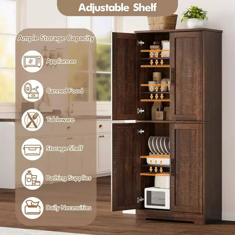 Meuble de rangement autoportant de 178 cm de hauteur avec 4 portes et étagères ouvertes, armoire de rangement réglable pour salle à manger, salle de bain, salon