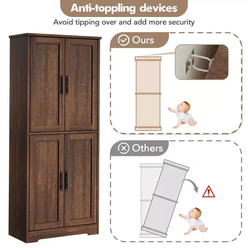 Meuble de rangement autoportant de 178 cm de hauteur avec 4 portes et étagères ouvertes, armoire de rangement réglable pour salle à manger, salle de bain, salon