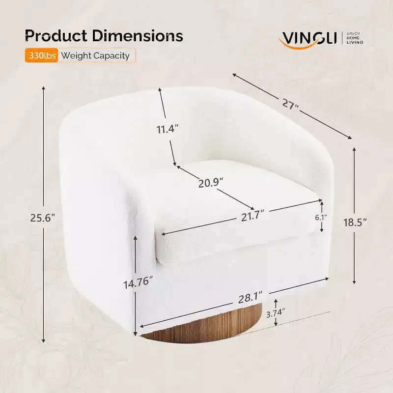 VINGLI Fauteuil Pivotant 360° avec Base en Bois Usiné et Coussin Amovible pour Salon, Chambre à Coucher