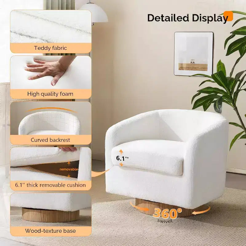 VINGLI Fauteuil Pivotant 360° avec Base en Bois Usiné et Coussin Amovible pour Salon, Chambre à Coucher