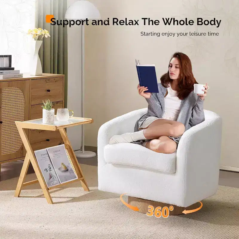 VINGLI Fauteuil Pivotant 360° avec Base en Bois Usiné et Coussin Amovible pour Salon, Chambre à Coucher