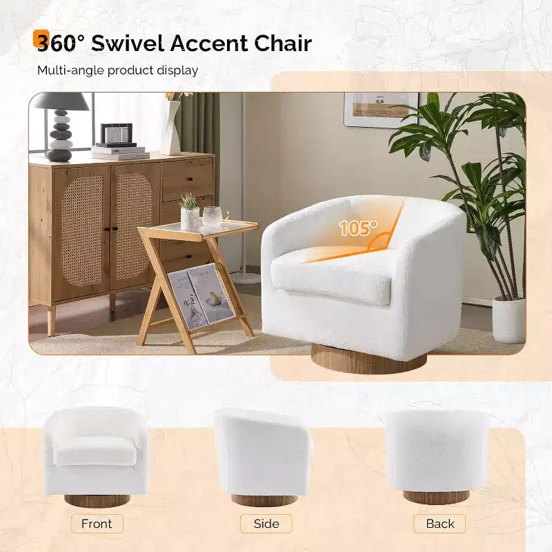 VINGLI Fauteuil Pivotant 360° avec Base en Bois Usiné et Coussin Amovible pour Salon, Chambre à Coucher