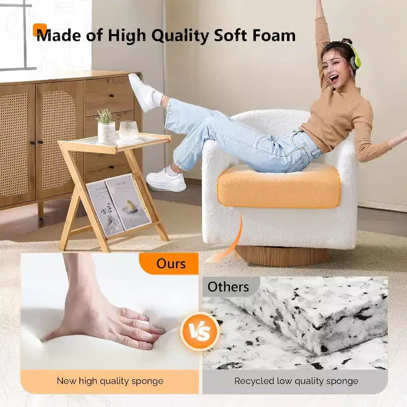 VINGLI Fauteuil Pivotant 360° avec Base en Bois Usiné et Coussin Amovible pour Salon, Chambre à Coucher