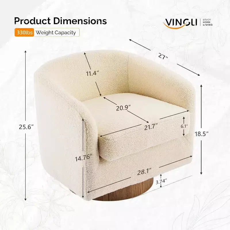 VINGLI Fauteuil Pivotant 360° avec Base en Bois Usiné et Coussin Amovible pour Salon, Chambre à Coucher