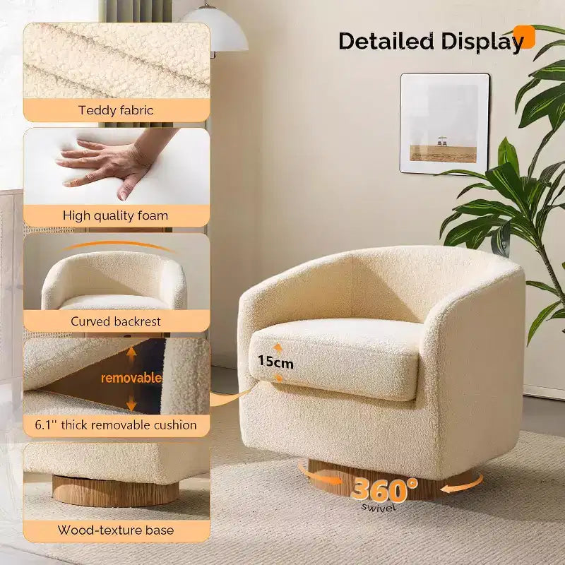 VINGLI Fauteuil Pivotant 360° avec Base en Bois Usiné et Coussin Amovible pour Salon, Chambre à Coucher