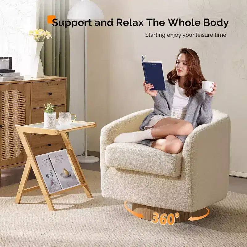 VINGLI Fauteuil Pivotant 360° avec Base en Bois Usiné et Coussin Amovible pour Salon, Chambre à Coucher