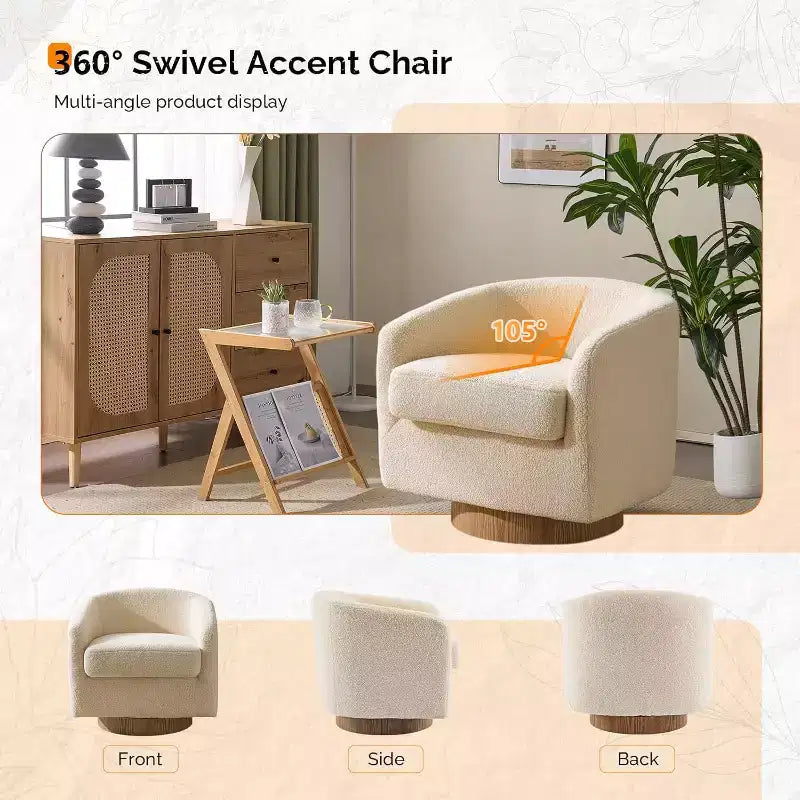 VINGLI Fauteuil Pivotant 360° avec Base en Bois Usiné et Coussin Amovible pour Salon, Chambre à Coucher
