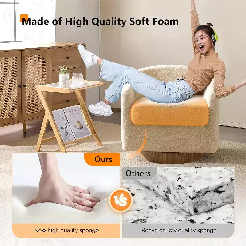 VINGLI Fauteuil Pivotant 360° avec Base en Bois Usiné et Coussin Amovible pour Salon, Chambre à Coucher