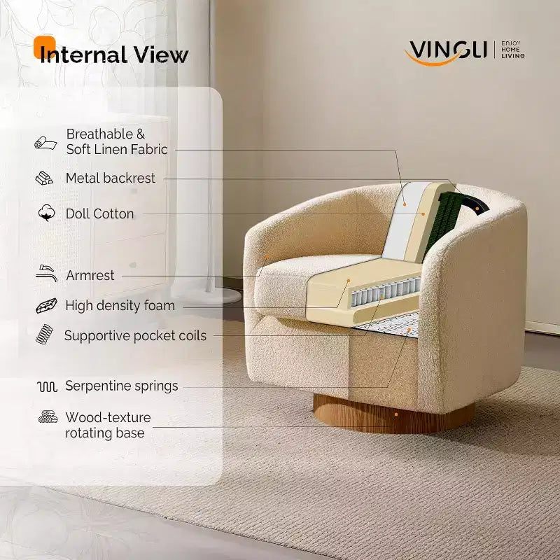 VINGLI Fauteuil Pivotant 360° avec Base en Bois Usiné et Coussin Amovible pour Salon, Chambre à Coucher
